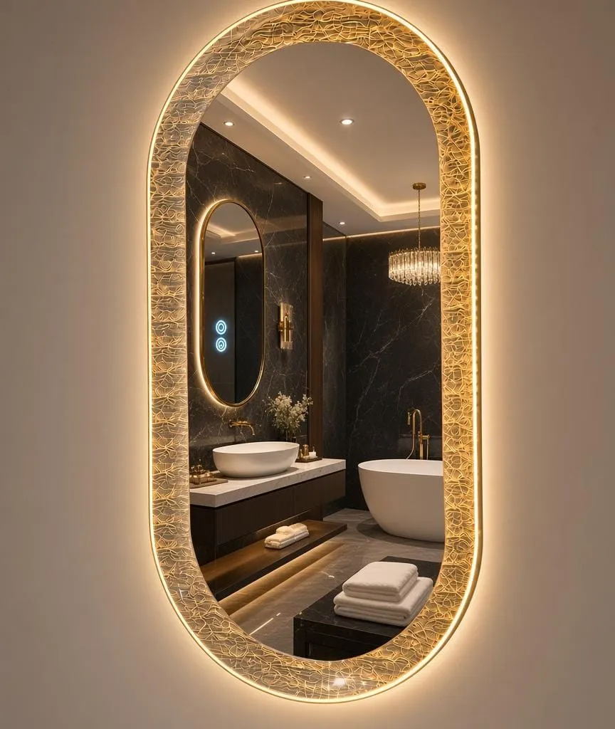 [AC915320] Pasqyrë Ovale 59x119 cm me LED, Touch dhe Antifog – Kornizë Gold
